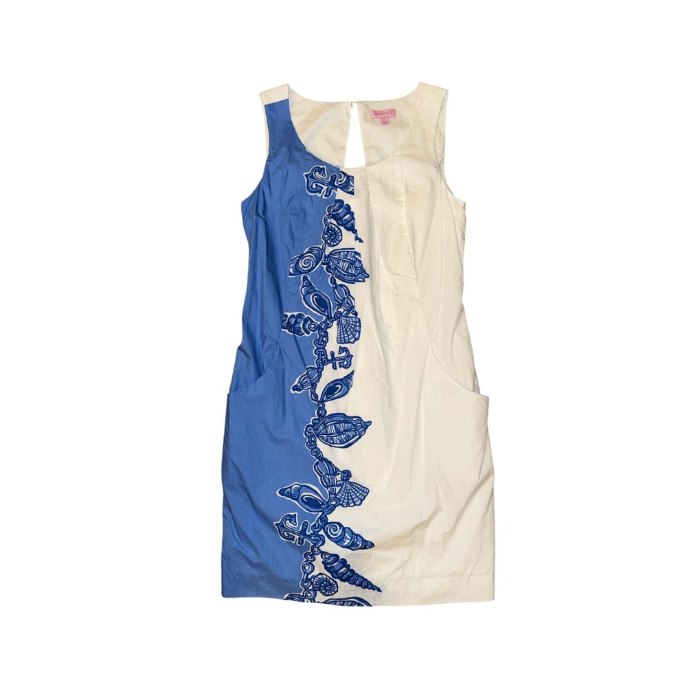 Lilly Pulitzer Shift Dress Womens 6 Blue White Nautical Shell Anchor Pockets